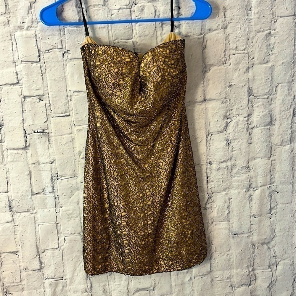 𝅺gold and Tan Strapless Dress .